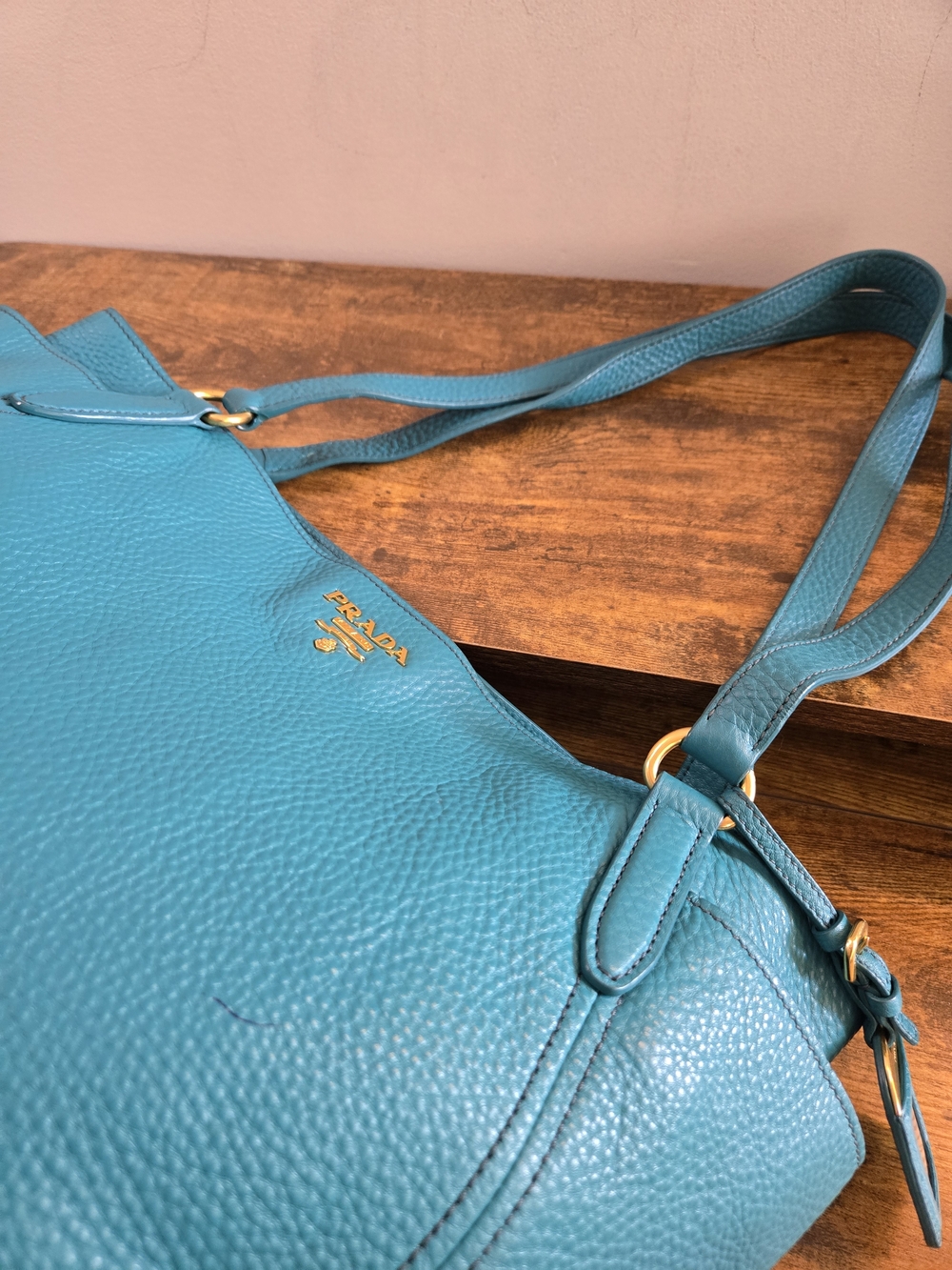 Prada Teal Pebbled Leather Tote - Picture 3 of 14